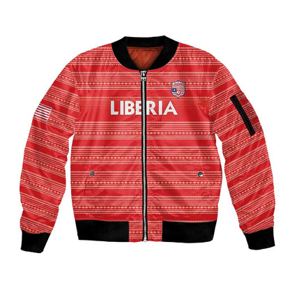 Custom Liberia Football Sleeve Zip Bomber Jacket African Tribal Pattern - Red Jersey - African Pride