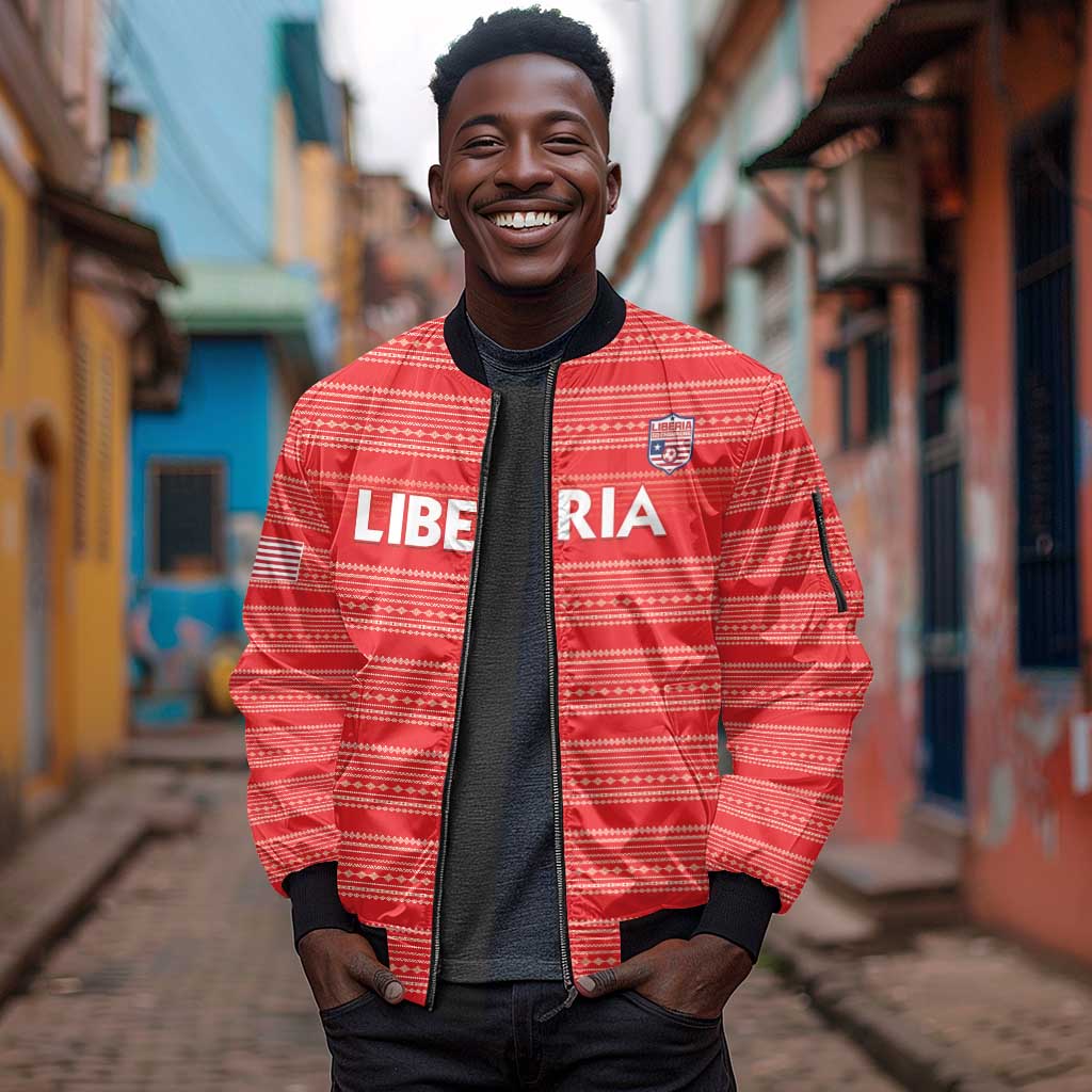 Custom Liberia Football Sleeve Zip Bomber Jacket African Tribal Pattern - Red Jersey - African Pride