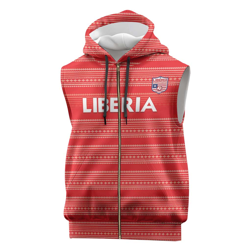 Custom Liberia Football Sleeveless Zip Hoodie African Tribal Pattern - Red Jersey - African Pride