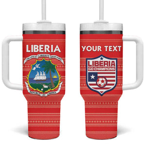 Custom Liberia Football Tumbler With Handle African Tribal Pattern - Red Jersey - African Pride