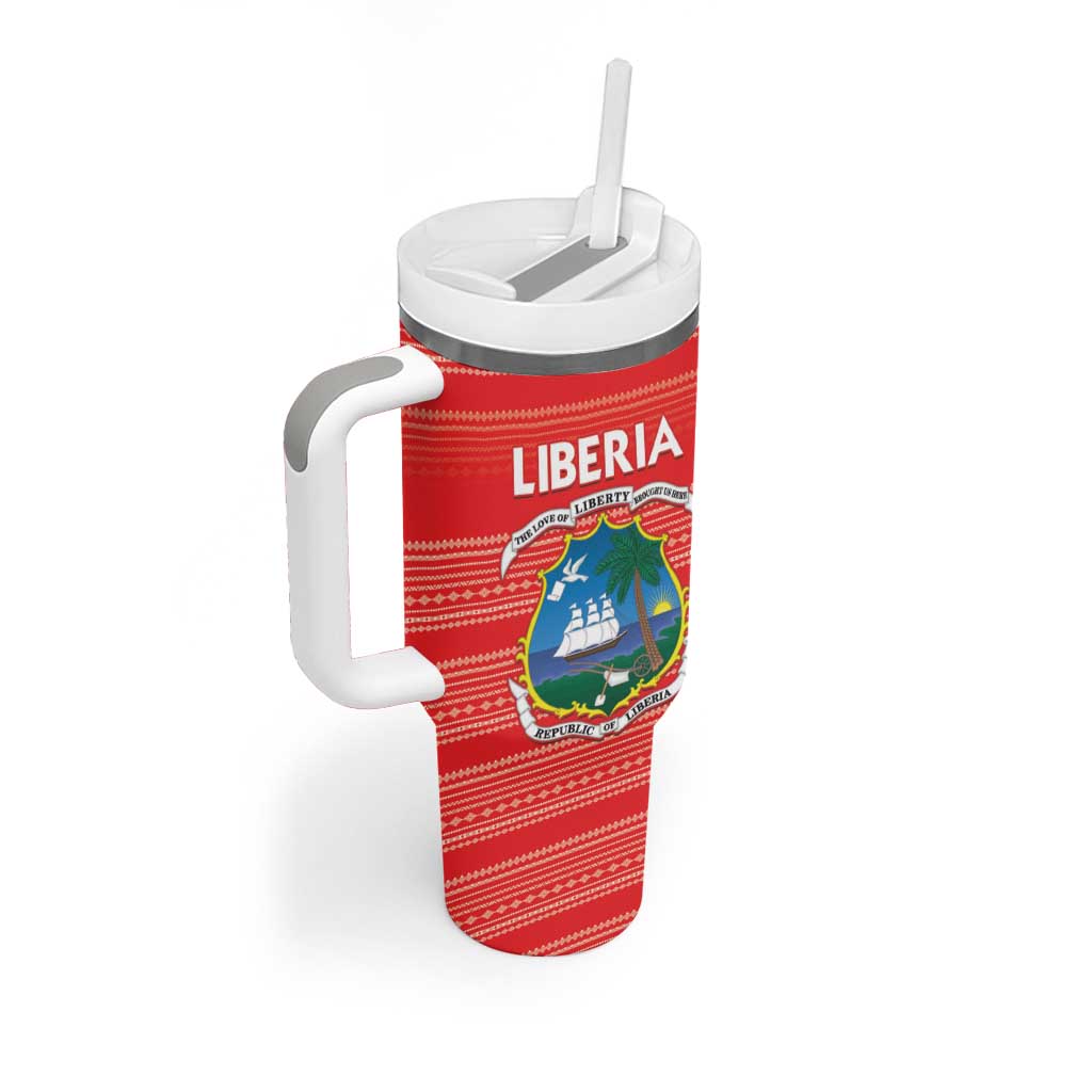 Custom Liberia Football Tumbler With Handle African Tribal Pattern - Red Jersey - African Pride