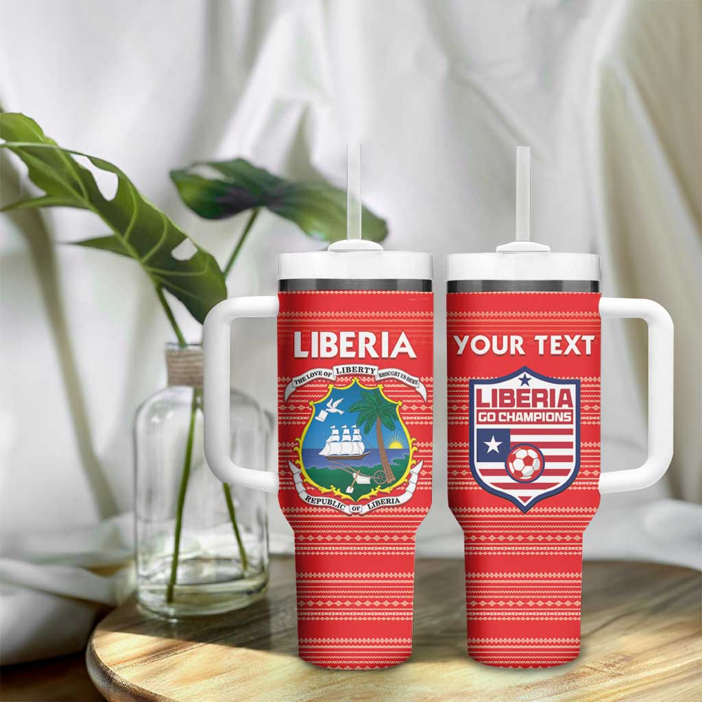 Custom Liberia Football Tumbler With Handle African Tribal Pattern - Red Jersey - African Pride