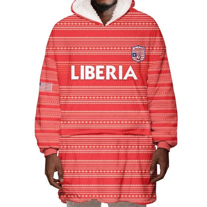 Custom Liberia Football Wearable Blanket Hoodie African Tribal Pattern - Red Jersey - African Pride