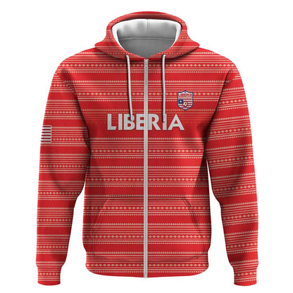 Custom Liberia Football Zip Hoodie African Tribal Pattern - Red Jersey - African Pride