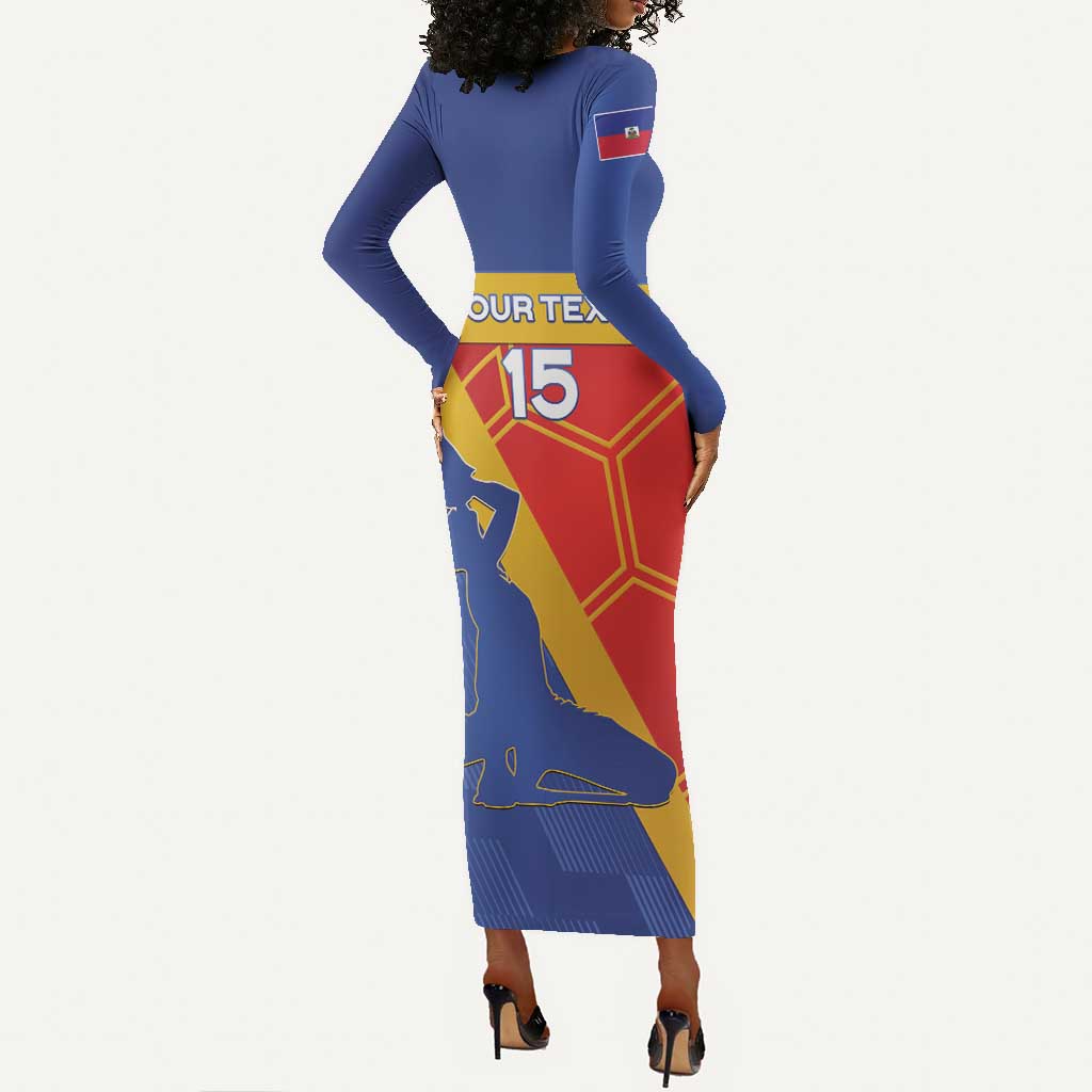 Custom Haiti Football Long Sleeve Bodycon Dress Neg Marron - Road To World Cup 2026 - African Pride