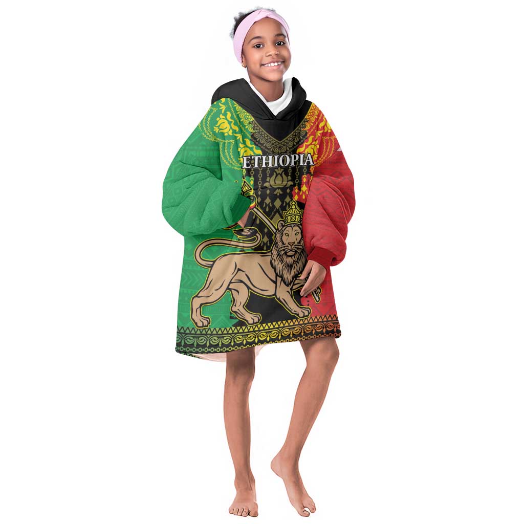 Personalised Afro Ethiopia Kid Wearable Blanket Hoodie Lion Of Judah - African Pattern