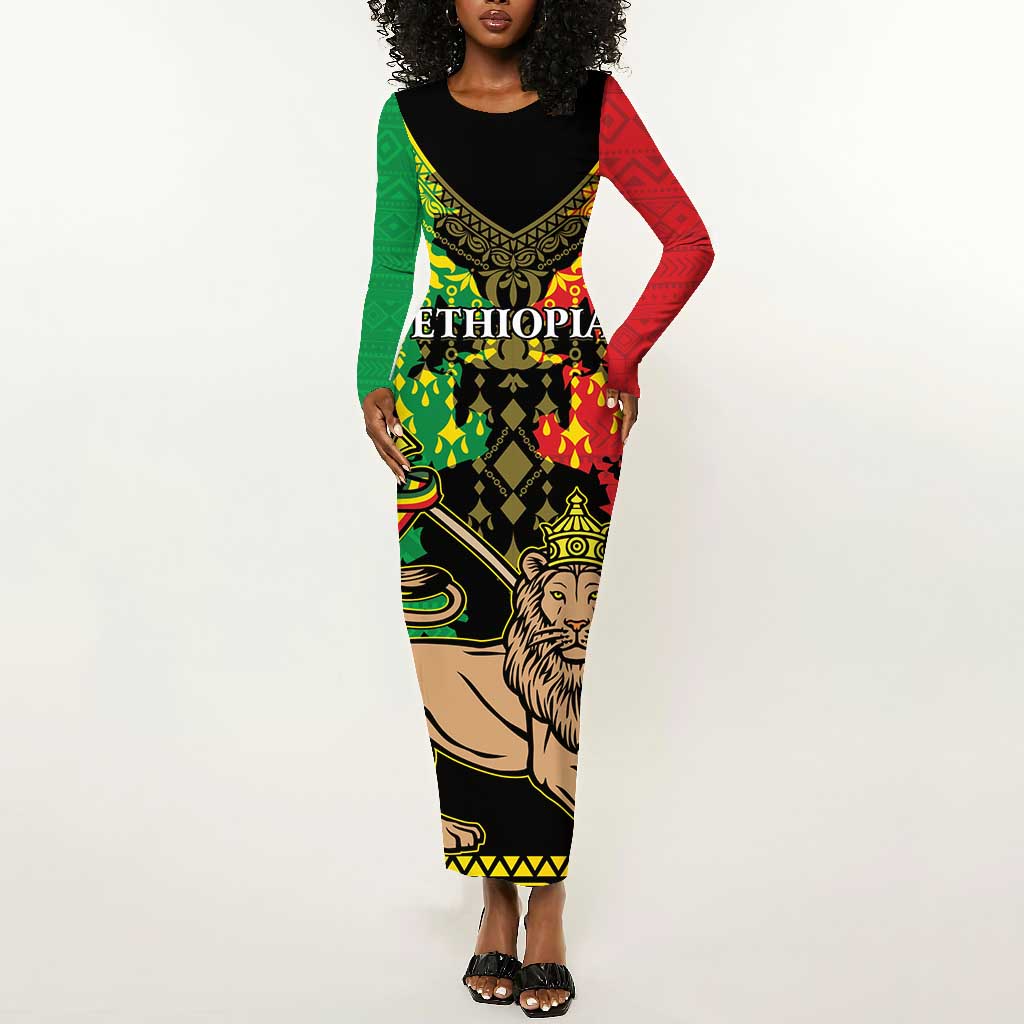 Personalised Afro Ethiopia Long Sleeve Bodycon Dress Lion Of Judah - African Pattern LT15