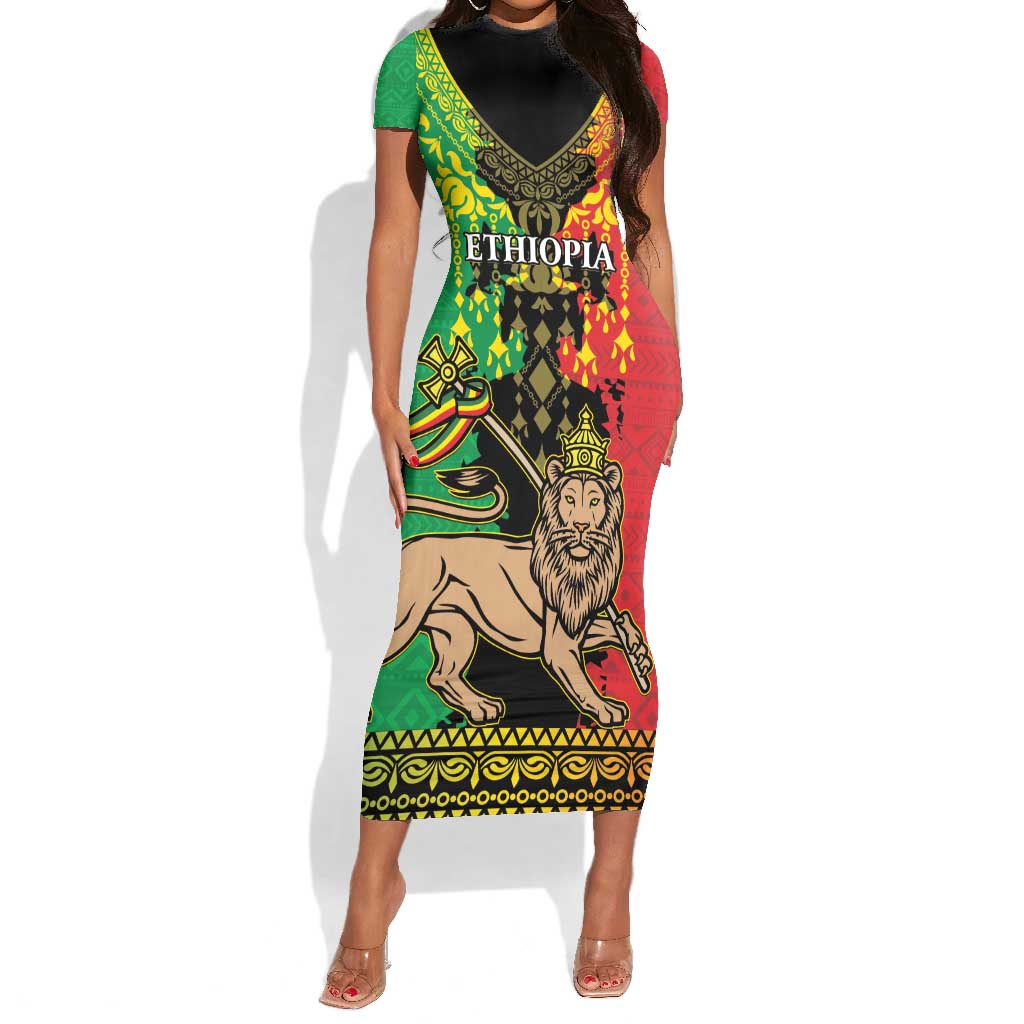 Personalised Afro Ethiopia Short Sleeve Bodycon Dress Lion Of Judah - African Pattern LT15