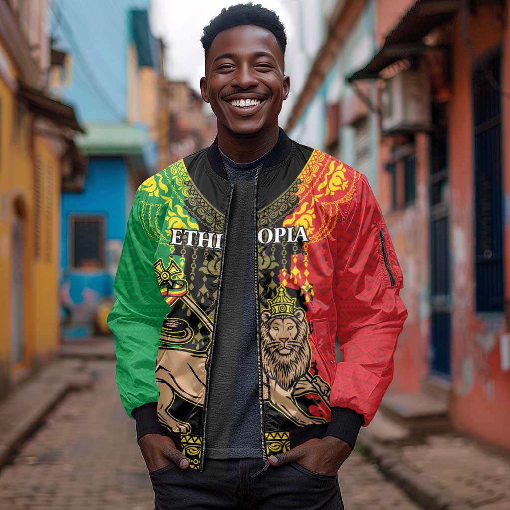 Personalised Afro Ethiopia Sleeve Zip Bomber Jacket Lion Of Judah - African Pattern