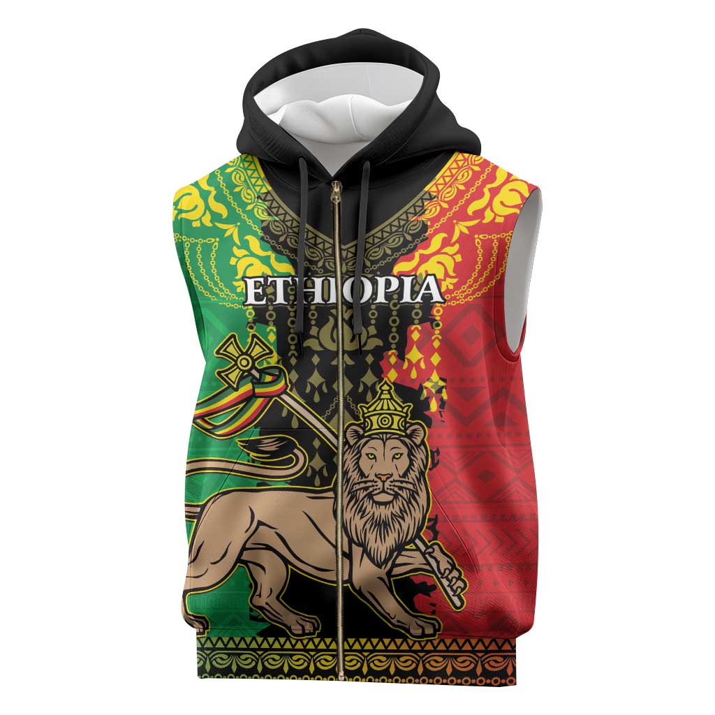 Personalised Afro Ethiopia Sleeveless Zip Hoodie Lion Of Judah - African Pattern - African Pride