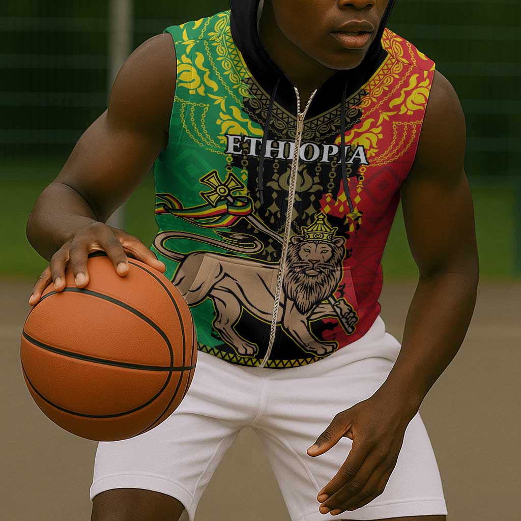 Personalised Afro Ethiopia Sleeveless Zip Hoodie Lion Of Judah - African Pattern - African Pride