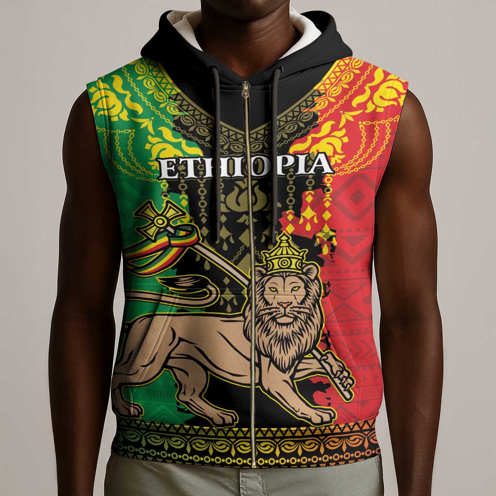 Personalised Afro Ethiopia Sleeveless Zip Hoodie Lion Of Judah - African Pattern - African Pride