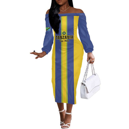 Custom Afro Tanzania Football Off The Shoulder Long Sleeve Dress We Are Champions