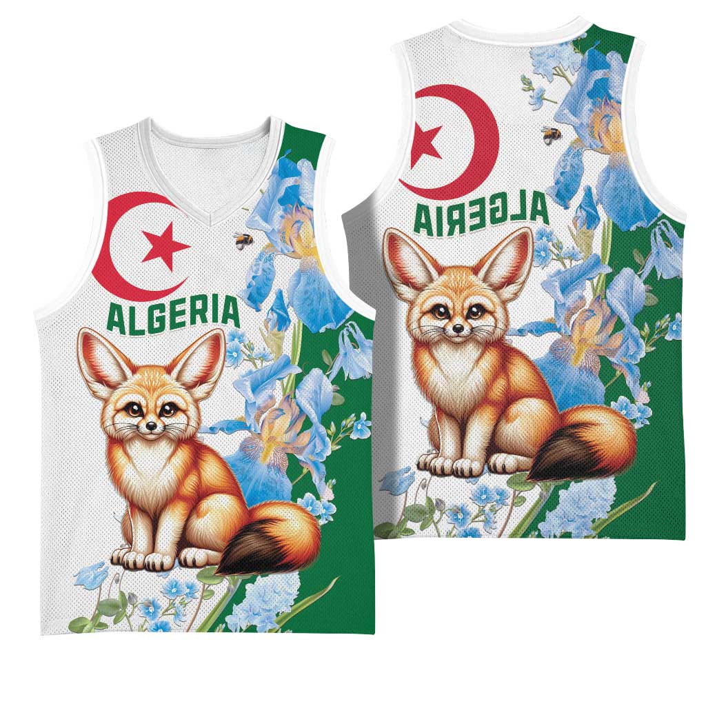 Afro Algeria Basketball Jersey Fennec Fox With Blue Isris Flower - African Pride