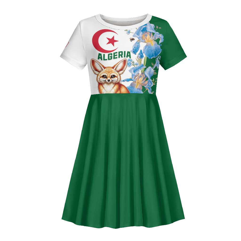 Afro Algeria Kid Short Sleeve Dress Fennec Fox With Blue Isris Flower