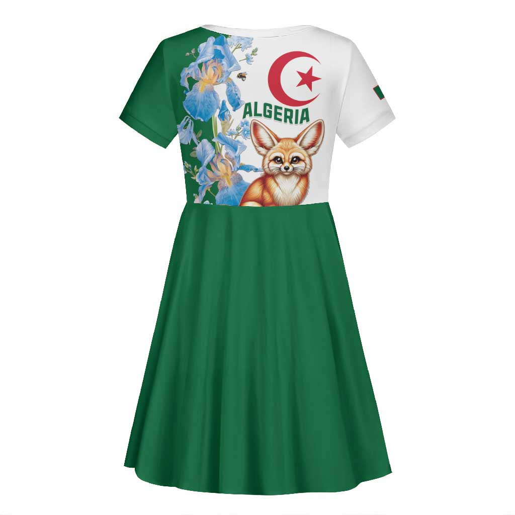 Afro Algeria Kid Short Sleeve Dress Fennec Fox With Blue Isris Flower
