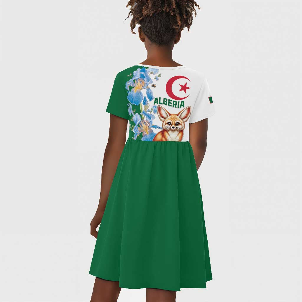 Afro Algeria Kid Short Sleeve Dress Fennec Fox With Blue Isris Flower