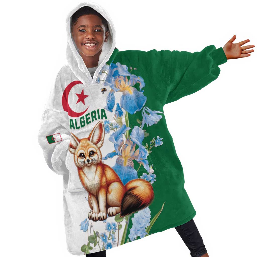 Afro Algeria Kid Wearable Blanket Hoodie Fennec Fox With Blue Isris Flower