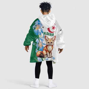 Afro Algeria Kid Wearable Blanket Hoodie Fennec Fox With Blue Isris Flower