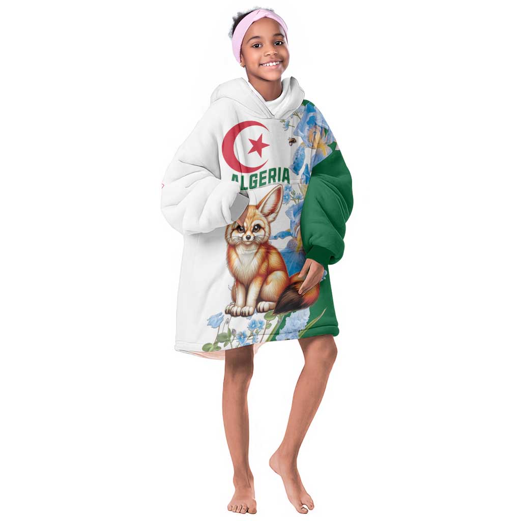 Afro Algeria Kid Wearable Blanket Hoodie Fennec Fox With Blue Isris Flower