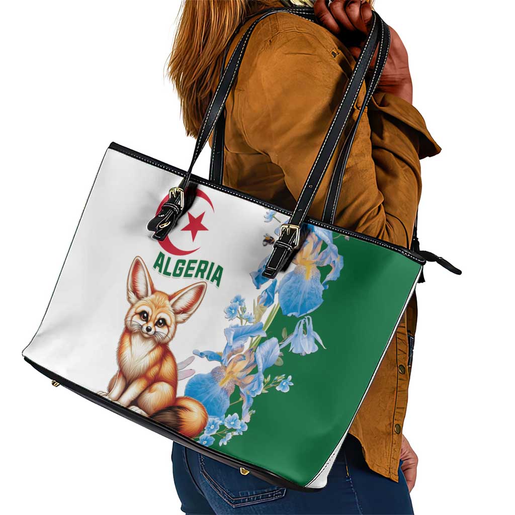 Afro Algeria Leather Tote Bag Fennec Fox With Blue Isris Flower