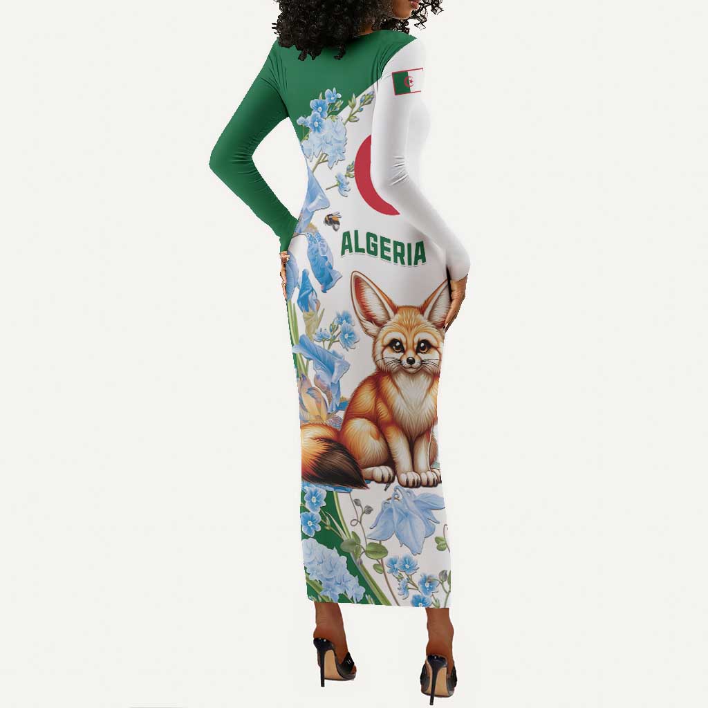 Afro Algeria Long Sleeve Bodycon Dress Fennec Fox With Blue Isris Flower LT15