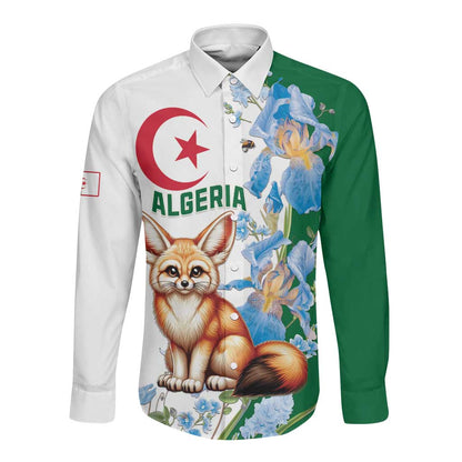 Afro Algeria Long Sleeve Button Shirt Fennec Fox With Blue Isris Flower