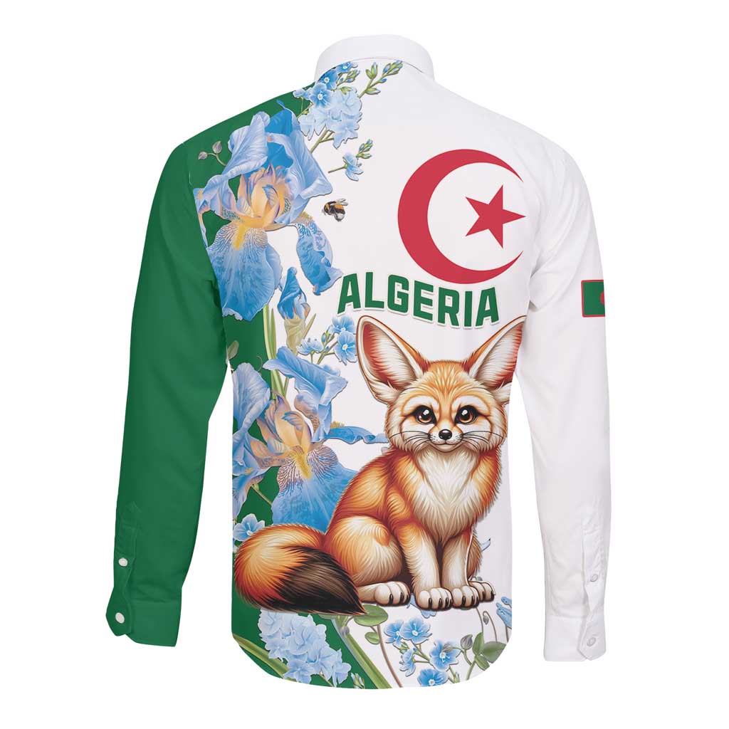 Afro Algeria Long Sleeve Button Shirt Fennec Fox With Blue Isris Flower