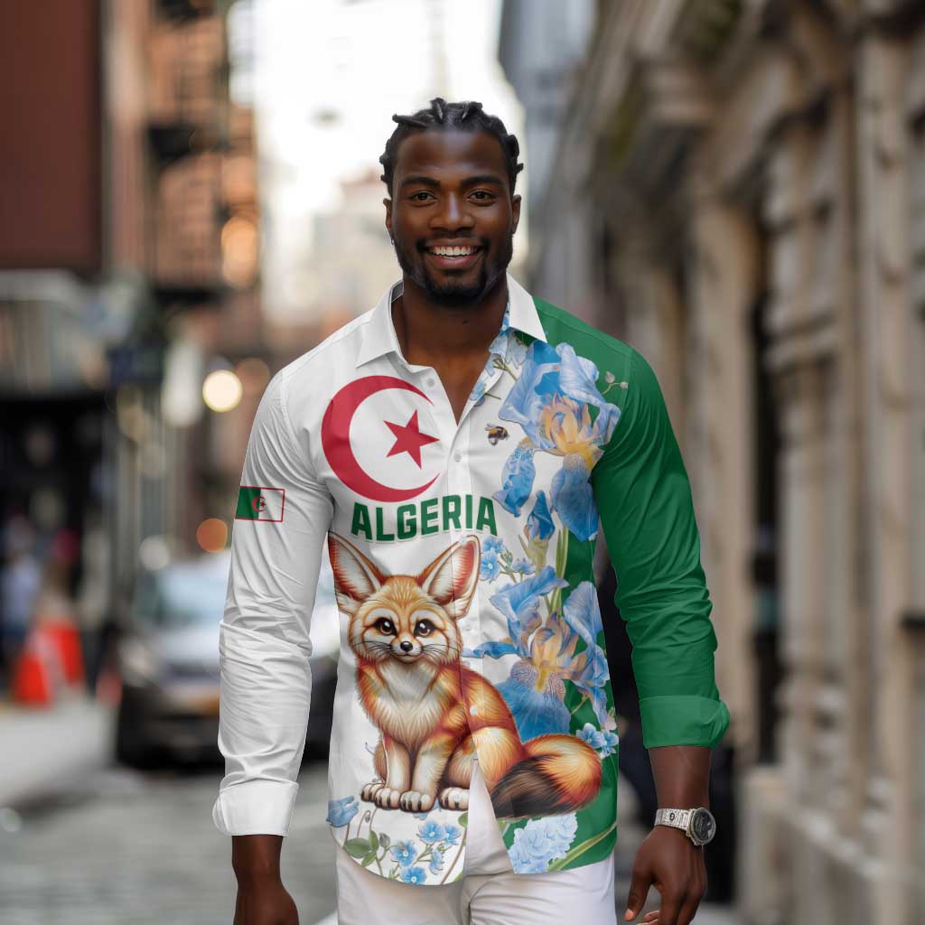 Afro Algeria Long Sleeve Button Shirt Fennec Fox With Blue Isris Flower