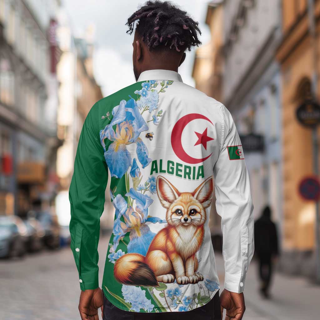 Afro Algeria Long Sleeve Button Shirt Fennec Fox With Blue Isris Flower