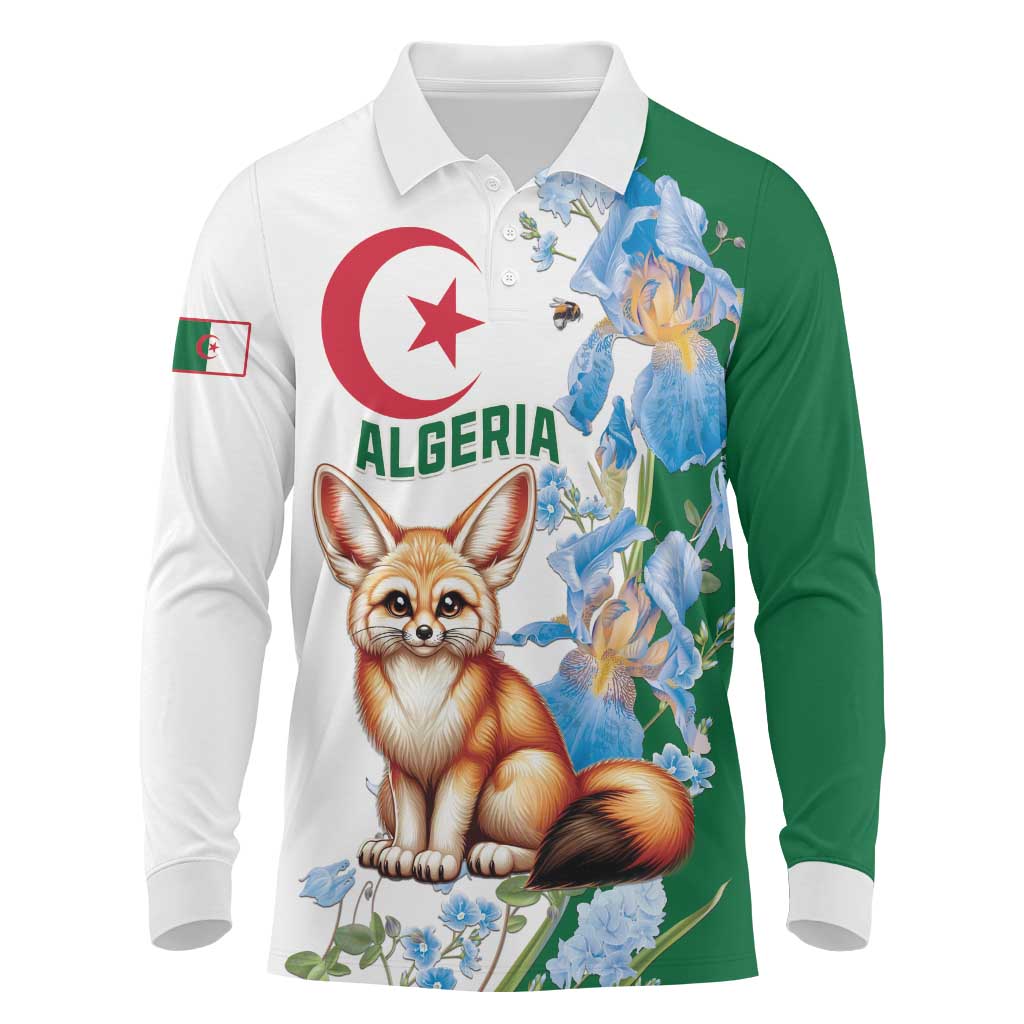 Afro Algeria Long Sleeve Polo Shirt Fennec Fox With Blue Isris Flower