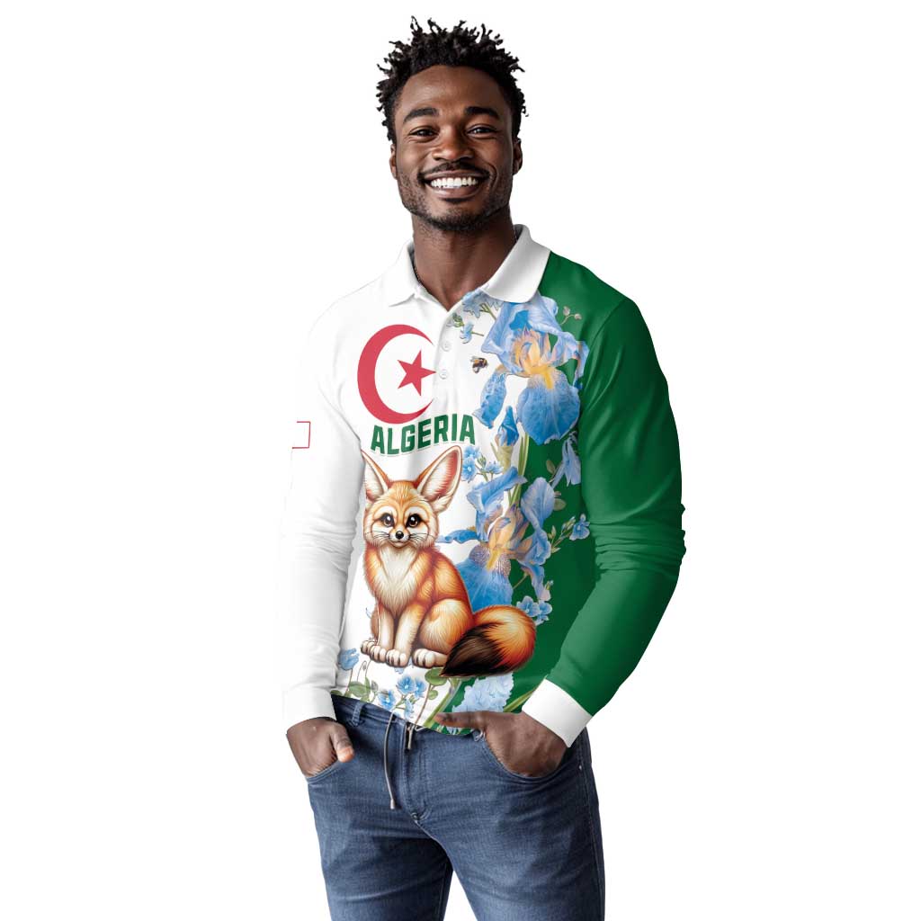 Afro Algeria Long Sleeve Polo Shirt Fennec Fox With Blue Isris Flower