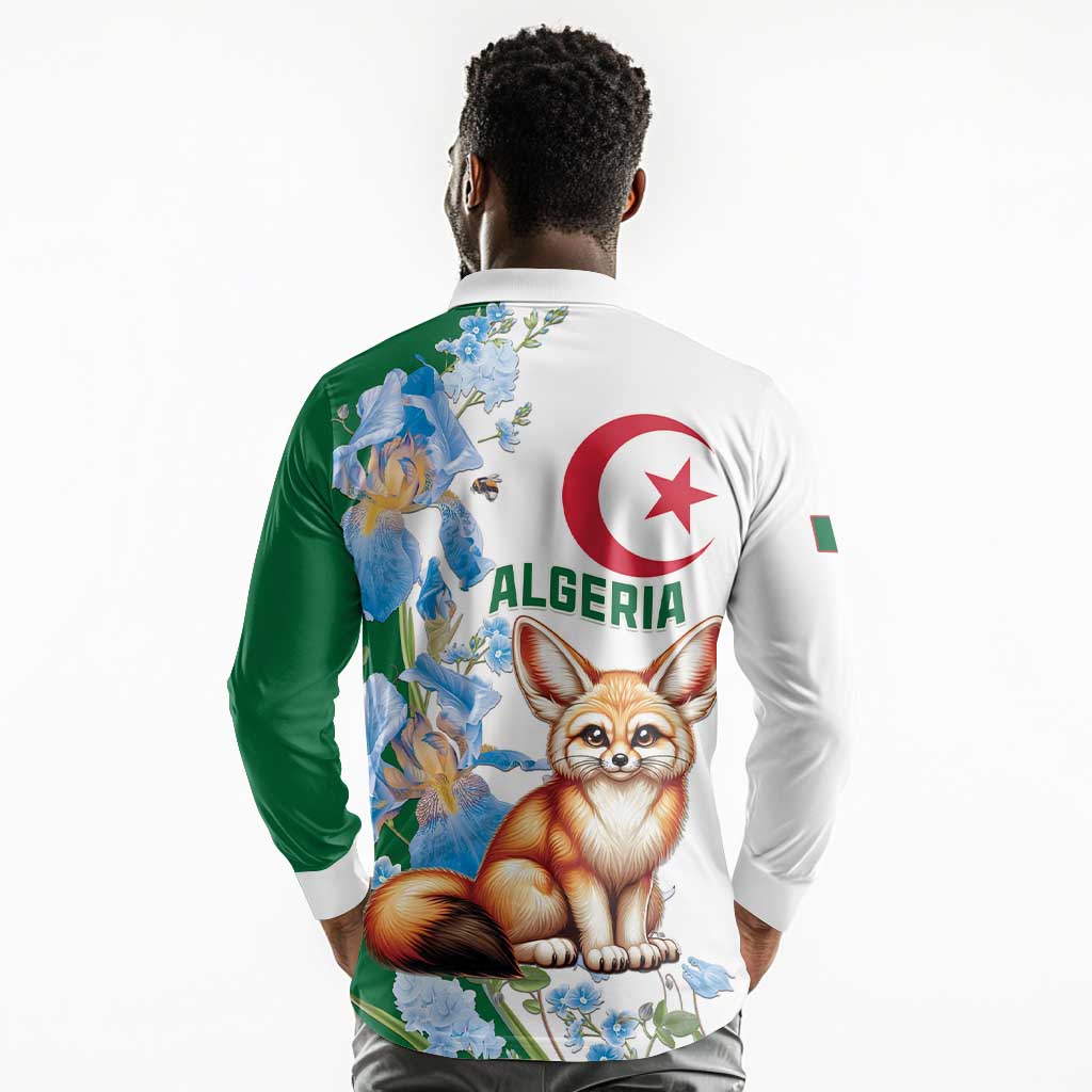 Afro Algeria Long Sleeve Polo Shirt Fennec Fox With Blue Isris Flower