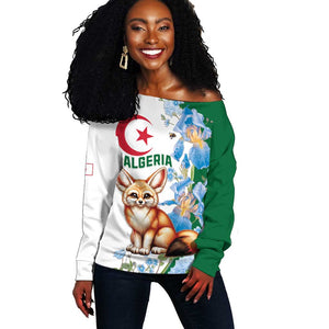 Afro Algeria Off Shoulder Sweater Fennec Fox With Blue Isris Flower