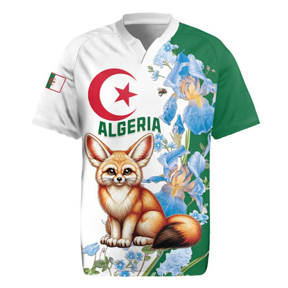 Afro Algeria Rugby Jersey Fennec Fox With Blue Isris Flower