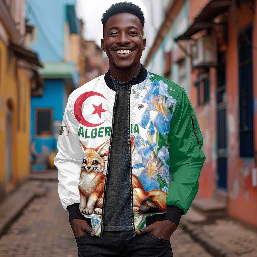 Afro Algeria Sleeve Zip Bomber Jacket Fennec Fox With Blue Isris Flower