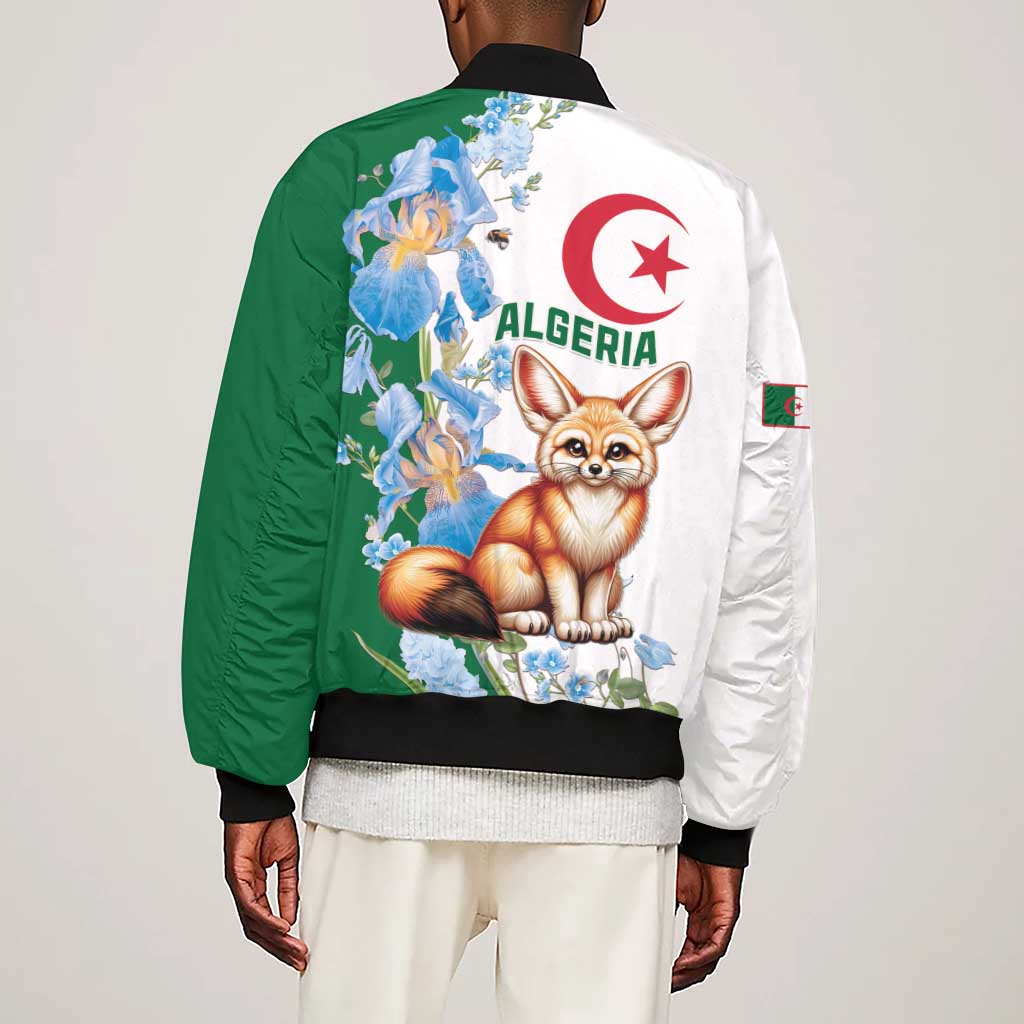 Afro Algeria Sleeve Zip Bomber Jacket Fennec Fox With Blue Isris Flower