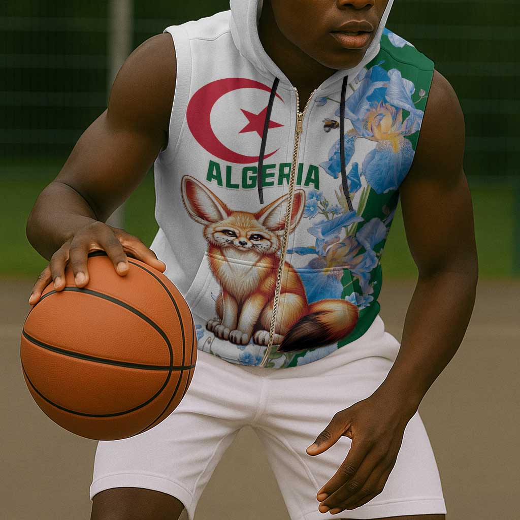 Afro Algeria Sleeveless Zip Hoodie Fennec Fox With Blue Isris Flower - African Pride