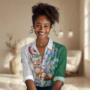 Afro Algeria Women Casual Shirt Fennec Fox With Blue Isris Flower