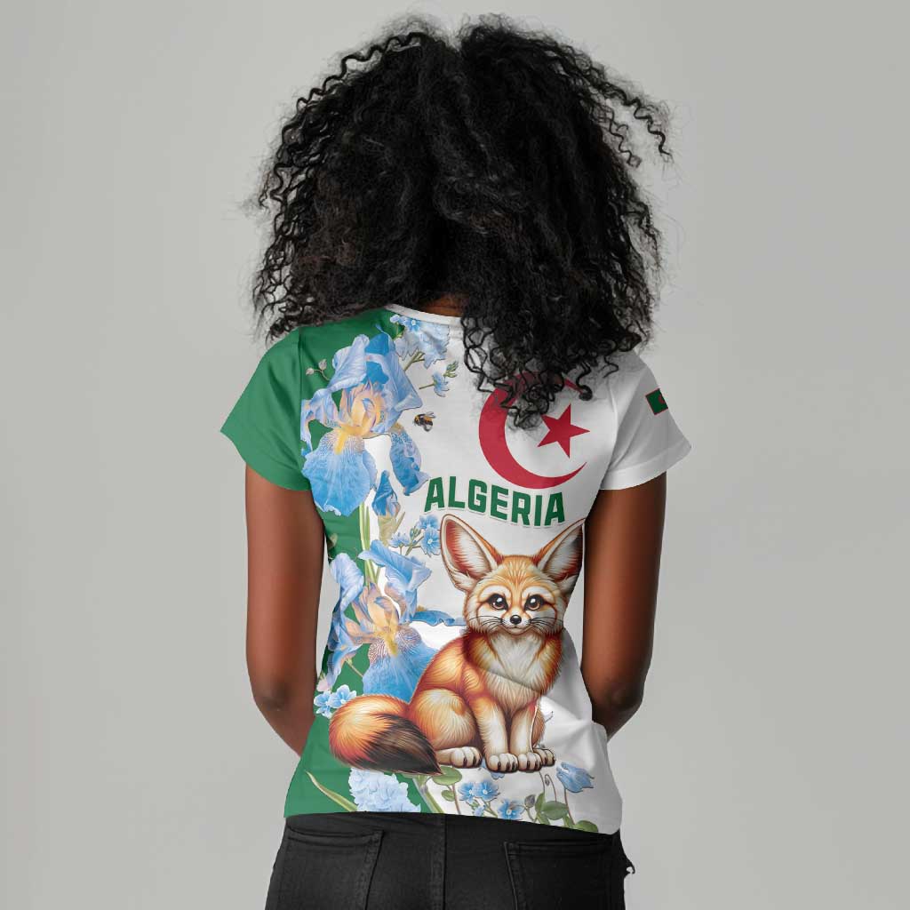Afro Algeria Women V-Neck T-Shirt Fennec Fox With Blue Isris Flower
