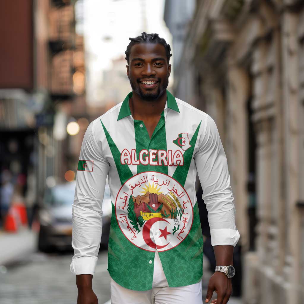 Personalised Afro Algeria Long Sleeve Button Shirt Coat Of Arms With Islamic Pattern