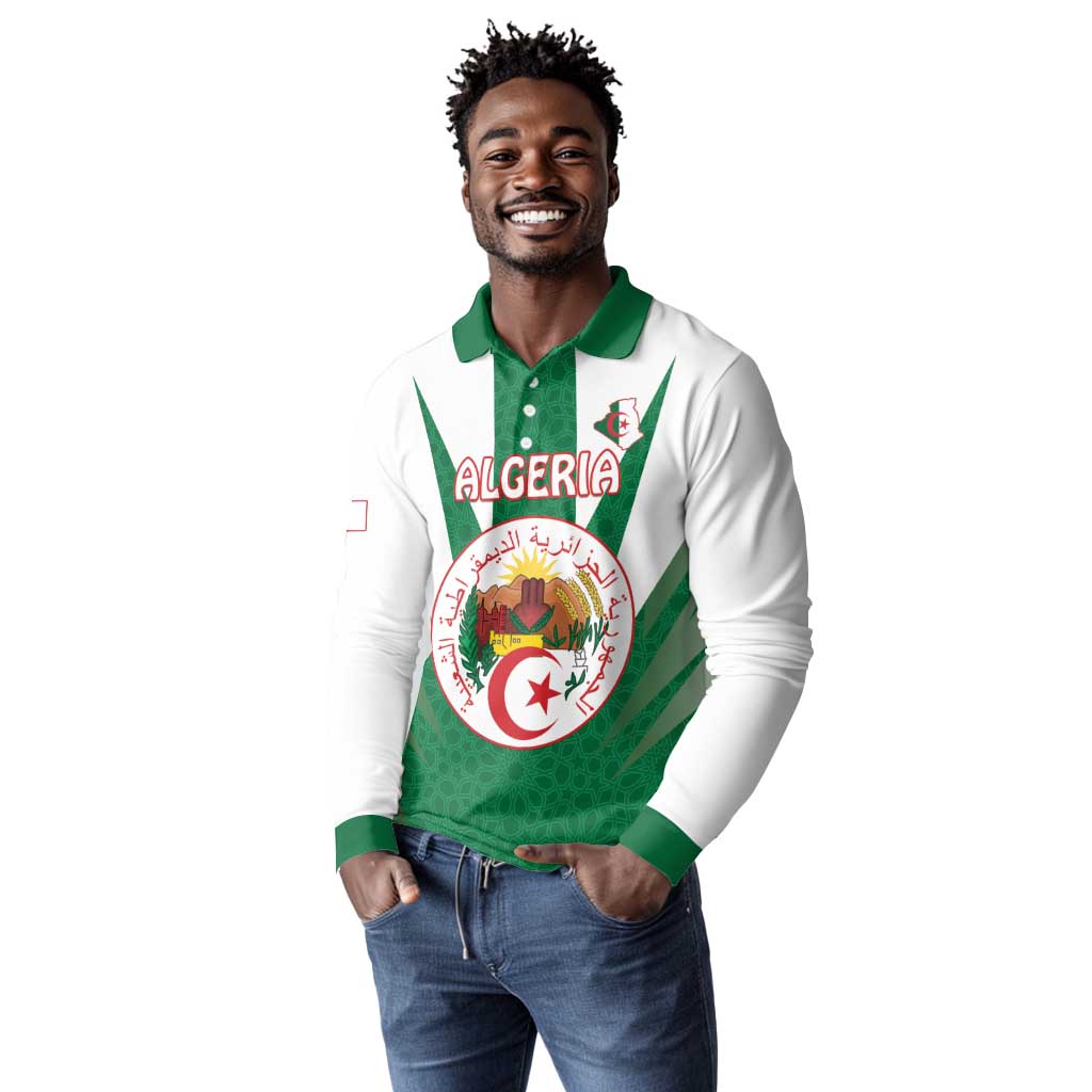 Personalised Afro Algeria Long Sleeve Polo Shirt Coat Of Arms With Islamic Pattern