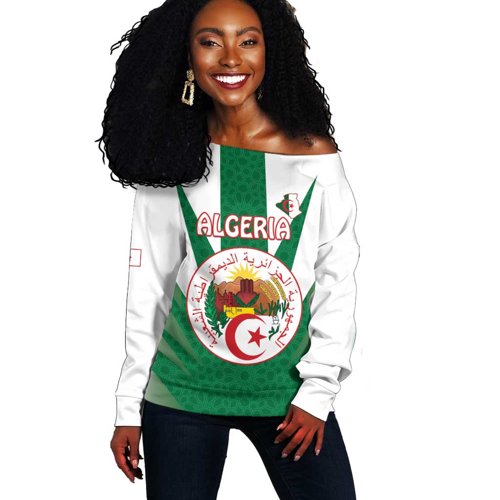 Personalised Afro Algeria Off Shoulder Sweater Coat Of Arms With Islamic Pattern