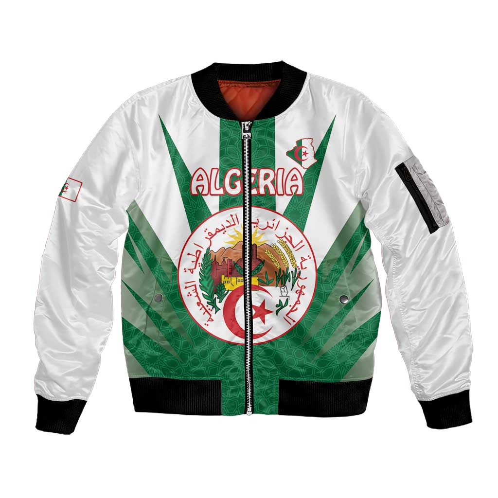 Personalised Afro Algeria Sleeve Zip Bomber Jacket Coat Of Arms With Islamic Pattern