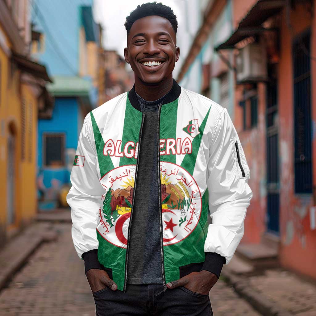 Personalised Afro Algeria Sleeve Zip Bomber Jacket Coat Of Arms With Islamic Pattern