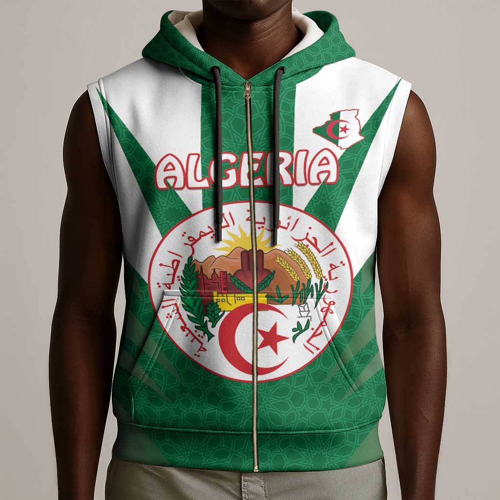 Personalised Afro Algeria Sleeveless Zip Hoodie Coat Of Arms With Islamic Pattern - African Pride
