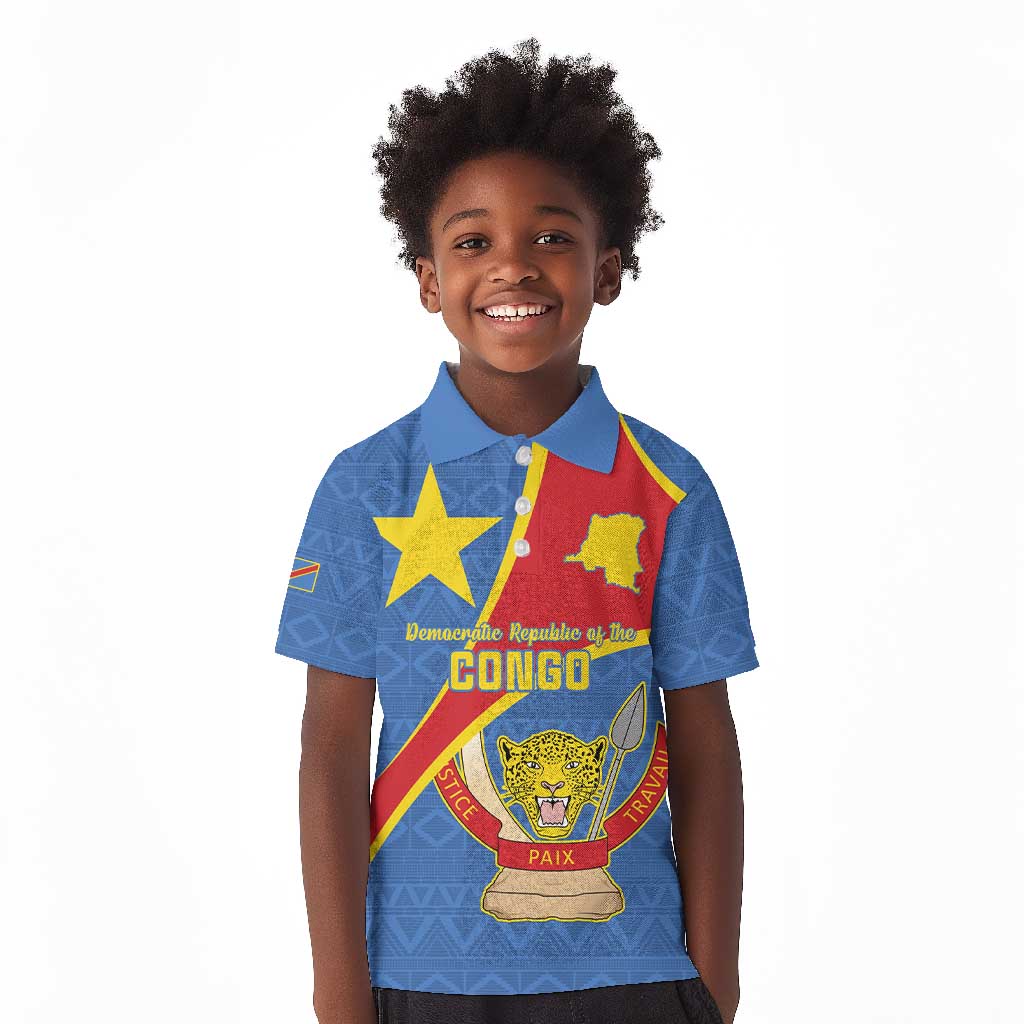 Personalised DR Congo Kid Polo Shirt Coat Of Arms With Map