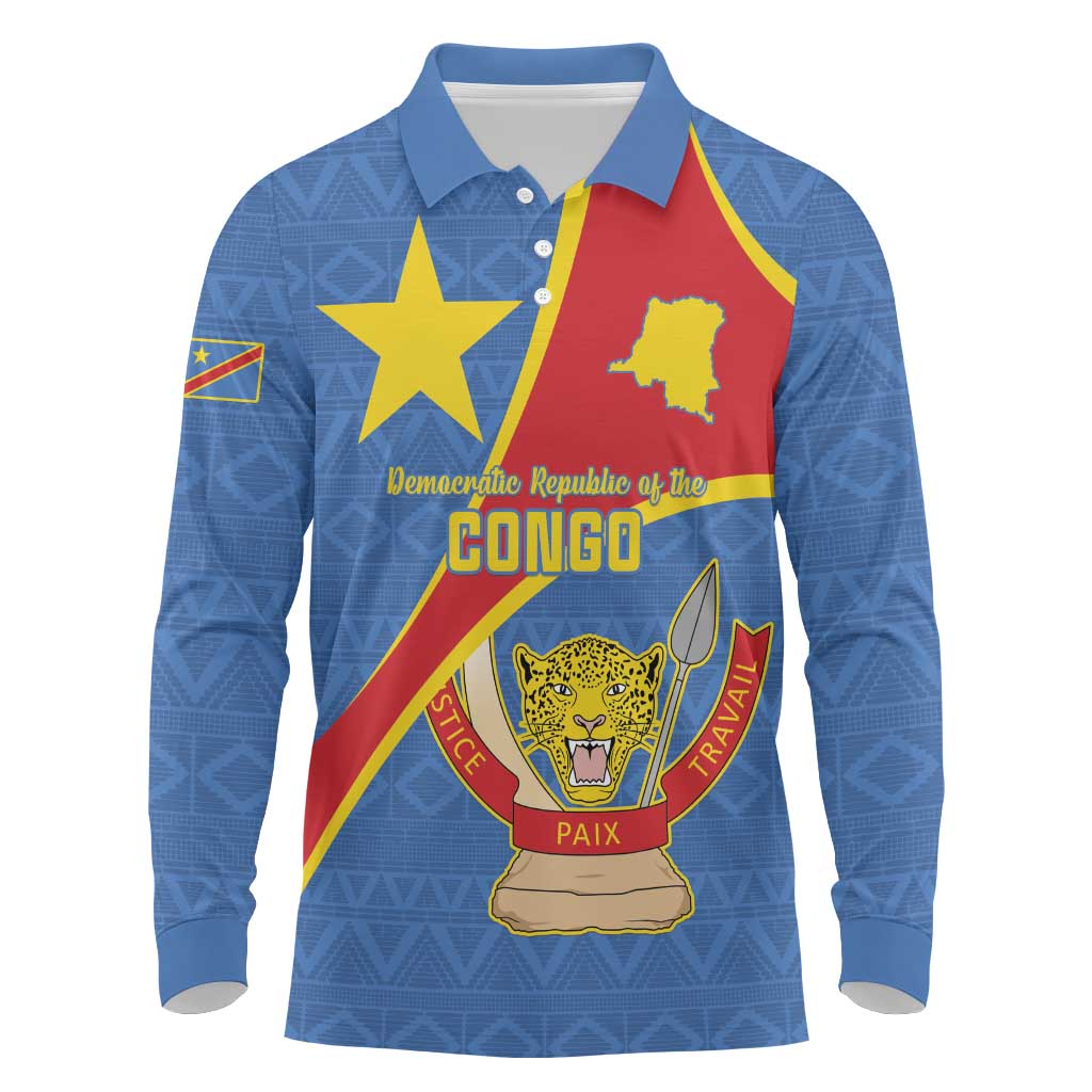 Personalised DR Congo Long Sleeve Polo Shirt Coat Of Arms With Map