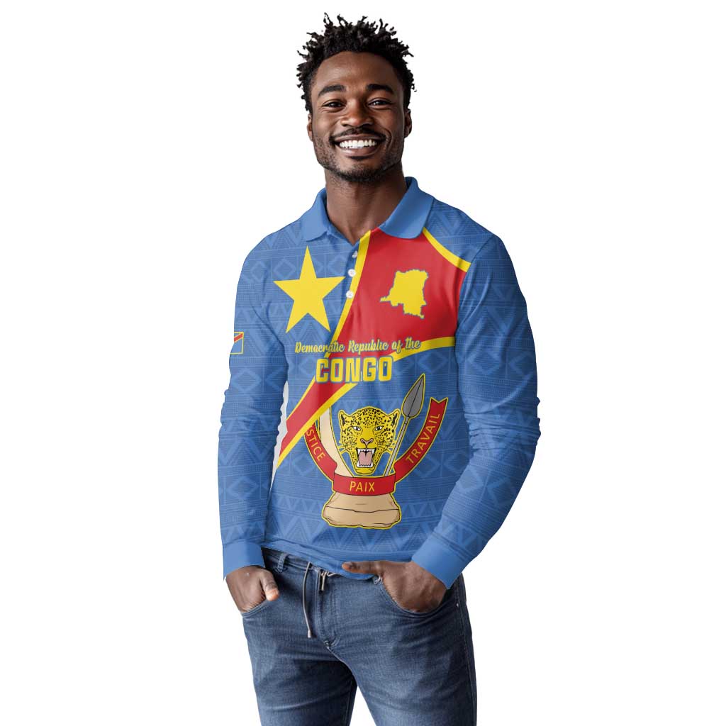 Personalised DR Congo Long Sleeve Polo Shirt Coat Of Arms With Map