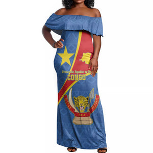 Personalised DR Congo Off Shoulder Maxi Dress Coat Of Arms With Map